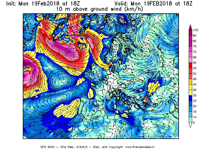 Mappa di analisi GFS - Velocità del vento a 10 metri dal suolo [km/h] in Europa
							del 19/02/2018 18 <!--googleoff: index-->UTC<!--googleon: index-->