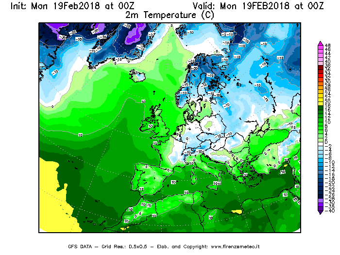 Mappa di analisi GFS - Temperatura a 2 metri dal suolo [°C] in Europa
							del 19/02/2018 00 <!--googleoff: index-->UTC<!--googleon: index-->