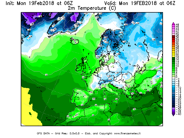 Mappa di analisi GFS - Temperatura a 2 metri dal suolo [°C] in Europa
							del 19/02/2018 06 <!--googleoff: index-->UTC<!--googleon: index-->