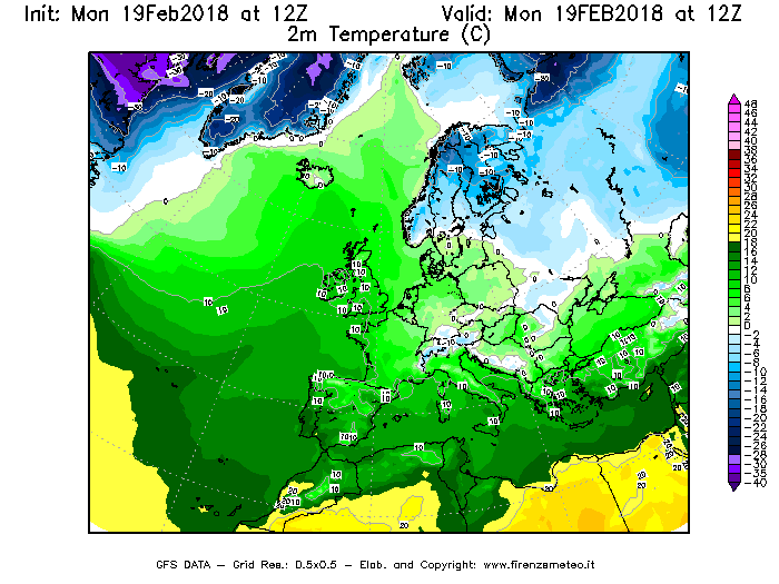 Mappa di analisi GFS - Temperatura a 2 metri dal suolo [°C] in Europa
							del 19/02/2018 12 <!--googleoff: index-->UTC<!--googleon: index-->