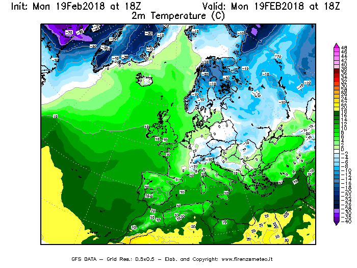 Mappa di analisi GFS - Temperatura a 2 metri dal suolo [°C] in Europa
							del 19/02/2018 18 <!--googleoff: index-->UTC<!--googleon: index-->
