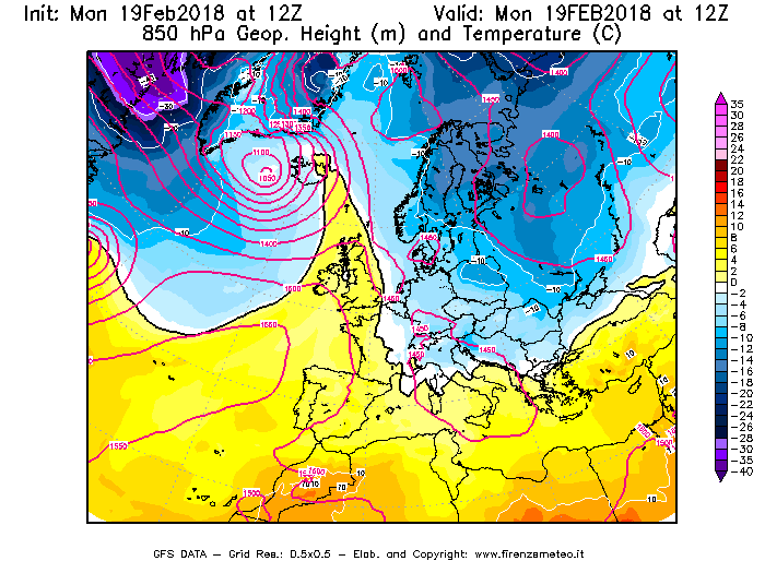 Mappa di analisi GFS - Geopotenziale [m] e Temperatura [°C] a 850 hPa in Europa
							del 19/02/2018 12 <!--googleoff: index-->UTC<!--googleon: index-->
