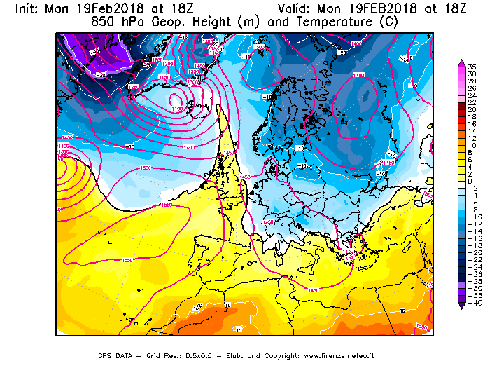 Mappa di analisi GFS - Geopotenziale [m] e Temperatura [°C] a 850 hPa in Europa
							del 19/02/2018 18 <!--googleoff: index-->UTC<!--googleon: index-->