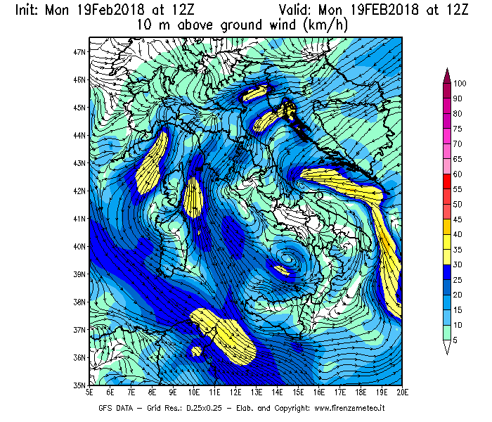 Mappa di analisi GFS - Velocità del vento a 10 metri dal suolo [km/h] in Italia
							del 19/02/2018 12 <!--googleoff: index-->UTC<!--googleon: index-->