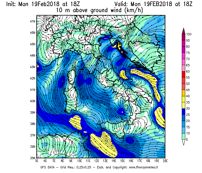Mappa di analisi GFS - Velocità del vento a 10 metri dal suolo [km/h] in Italia
							del 19/02/2018 18 <!--googleoff: index-->UTC<!--googleon: index-->