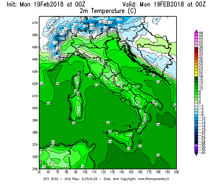 Mappa di analisi GFS - Temperatura a 2 metri dal suolo [°C] in Italia
							del 19/02/2018 00 <!--googleoff: index-->UTC<!--googleon: index-->
