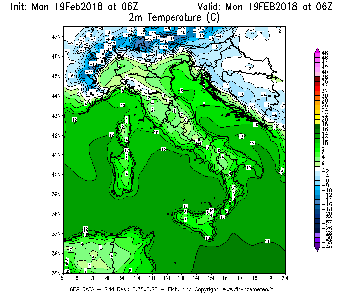 Mappa di analisi GFS - Temperatura a 2 metri dal suolo [°C] in Italia
							del 19/02/2018 06 <!--googleoff: index-->UTC<!--googleon: index-->