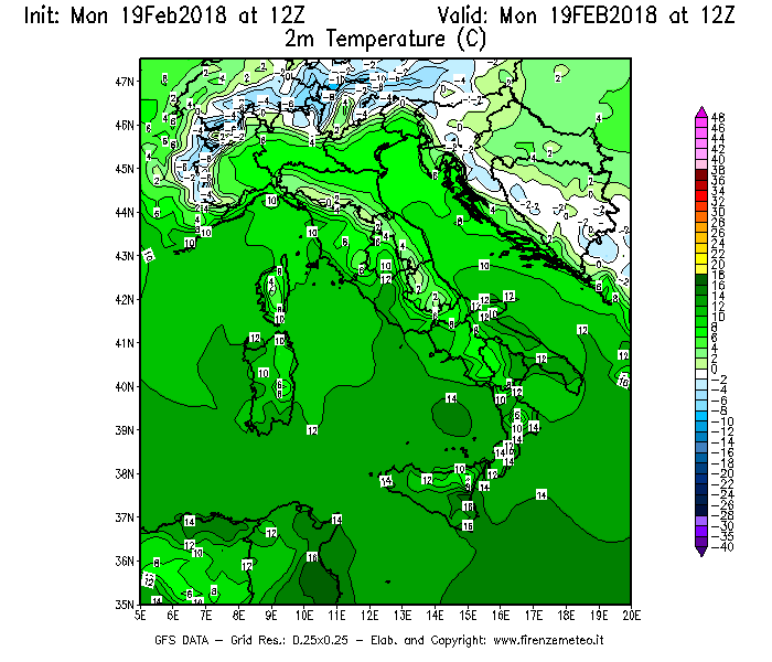 Mappa di analisi GFS - Temperatura a 2 metri dal suolo [°C] in Italia
							del 19/02/2018 12 <!--googleoff: index-->UTC<!--googleon: index-->