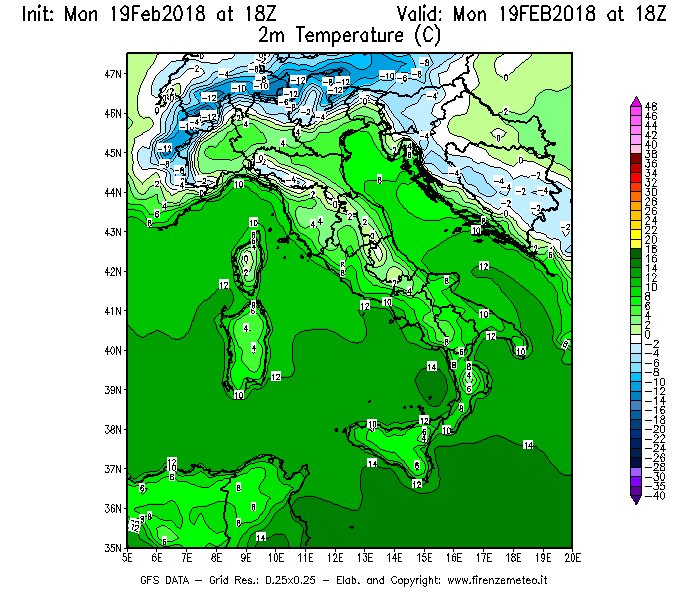 Mappa di analisi GFS - Temperatura a 2 metri dal suolo [°C] in Italia
							del 19/02/2018 18 <!--googleoff: index-->UTC<!--googleon: index-->