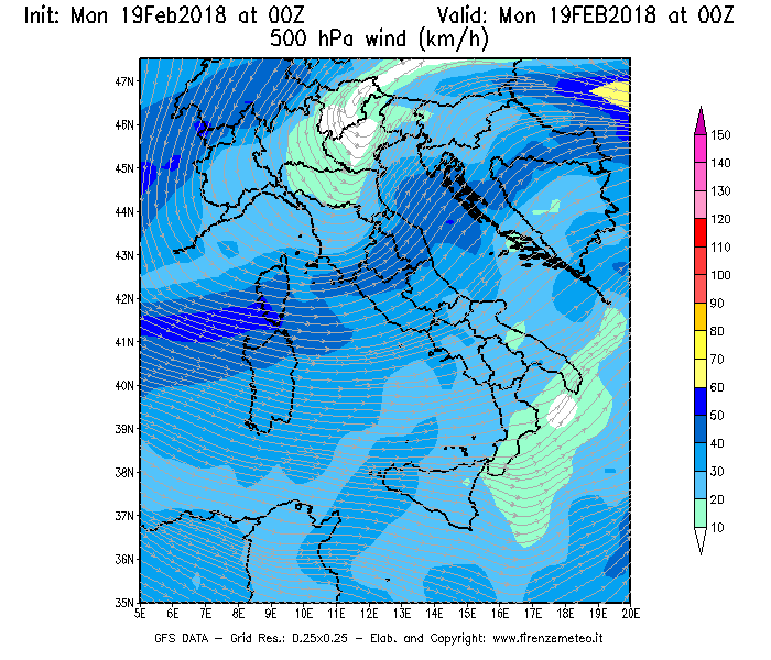 Mappa di analisi GFS - Velocità del vento a 500 hPa [km/h] in Italia
							del 19/02/2018 00 <!--googleoff: index-->UTC<!--googleon: index-->