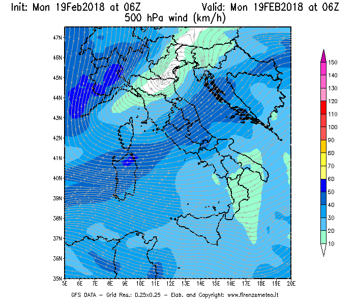 Mappa di analisi GFS - Velocità del vento a 500 hPa [km/h] in Italia
							del 19/02/2018 06 <!--googleoff: index-->UTC<!--googleon: index-->