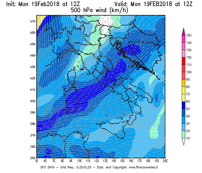 Mappa di analisi GFS - Velocità del vento a 500 hPa [km/h] in Italia
							del 19/02/2018 12 <!--googleoff: index-->UTC<!--googleon: index-->