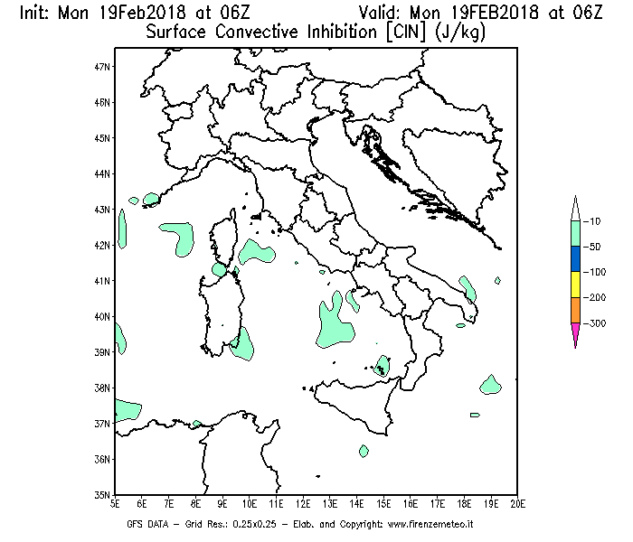Mappa di analisi GFS - CIN [J/kg] in Italia
							del 19/02/2018 06 <!--googleoff: index-->UTC<!--googleon: index-->