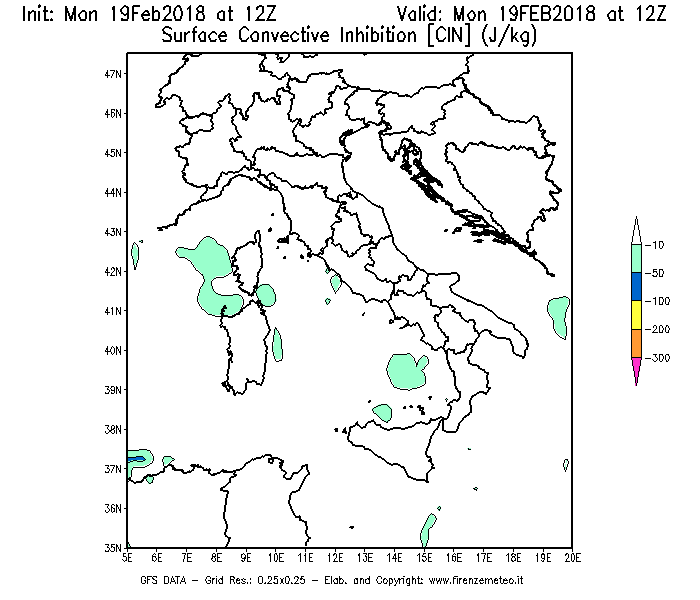 Mappa di analisi GFS - CIN [J/kg] in Italia
							del 19/02/2018 12 <!--googleoff: index-->UTC<!--googleon: index-->