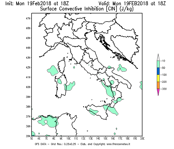 Mappa di analisi GFS - CIN [J/kg] in Italia
							del 19/02/2018 18 <!--googleoff: index-->UTC<!--googleon: index-->