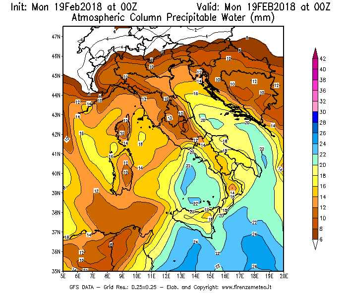 Mappa di analisi GFS - Precipitable Water [mm] in Italia
							del 19/02/2018 00 <!--googleoff: index-->UTC<!--googleon: index-->
