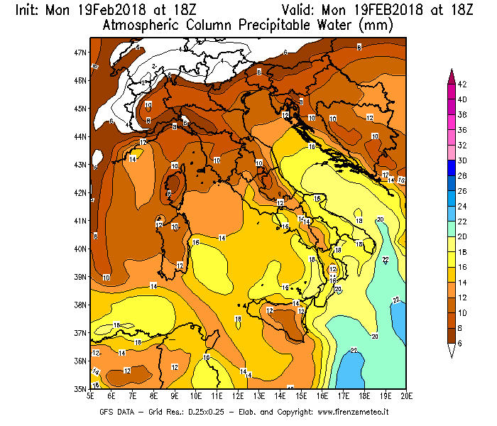 Mappa di analisi GFS - Precipitable Water [mm] in Italia
							del 19/02/2018 18 <!--googleoff: index-->UTC<!--googleon: index-->