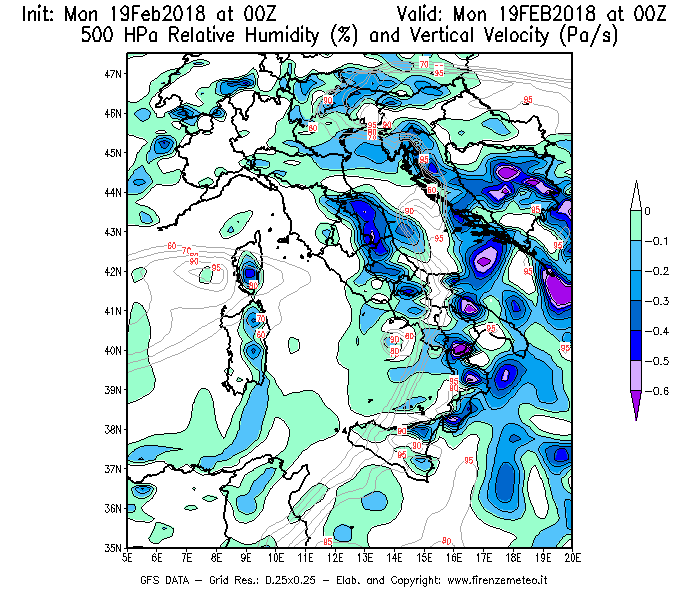 Mappa di analisi GFS - Umidità relativa [%] e Omega [Pa/s] a 500 hPa in Italia
							del 19/02/2018 00 <!--googleoff: index-->UTC<!--googleon: index-->