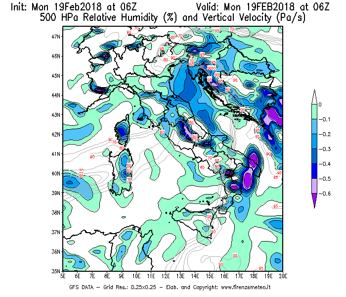 Mappa di analisi GFS - Umidità relativa [%] e Omega [Pa/s] a 500 hPa in Italia
							del 19/02/2018 06 <!--googleoff: index-->UTC<!--googleon: index-->