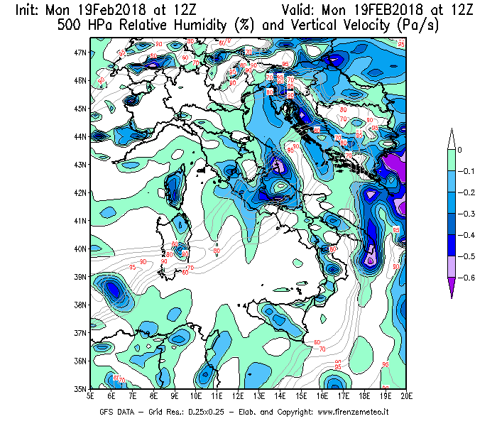 Mappa di analisi GFS - Umidità relativa [%] e Omega [Pa/s] a 500 hPa in Italia
							del 19/02/2018 12 <!--googleoff: index-->UTC<!--googleon: index-->