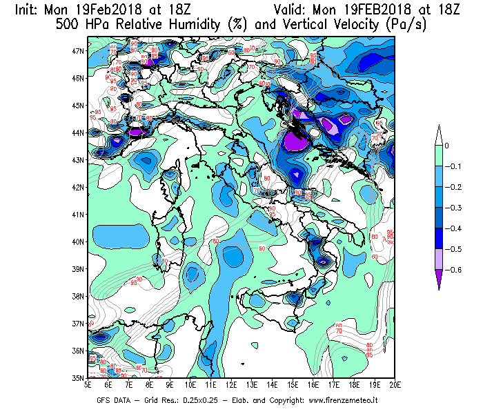 Mappa di analisi GFS - Umidità relativa [%] e Omega [Pa/s] a 500 hPa in Italia
							del 19/02/2018 18 <!--googleoff: index-->UTC<!--googleon: index-->