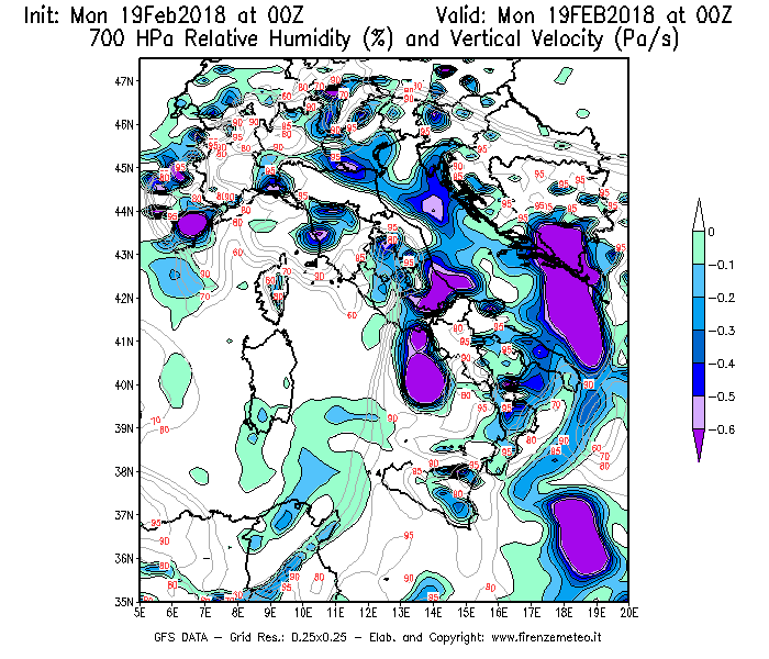 Mappa di analisi GFS - Umidità relativa [%] e Omega [Pa/s] a 700 hPa in Italia
							del 19/02/2018 00 <!--googleoff: index-->UTC<!--googleon: index-->
