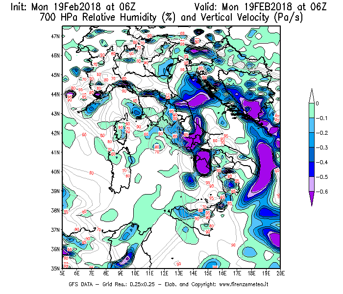 Mappa di analisi GFS - Umidità relativa [%] e Omega [Pa/s] a 700 hPa in Italia
							del 19/02/2018 06 <!--googleoff: index-->UTC<!--googleon: index-->