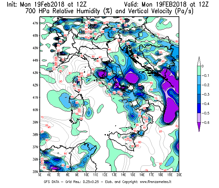 Mappa di analisi GFS - Umidità relativa [%] e Omega [Pa/s] a 700 hPa in Italia
							del 19/02/2018 12 <!--googleoff: index-->UTC<!--googleon: index-->