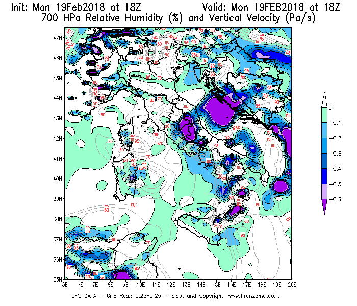 Mappa di analisi GFS - Umidità relativa [%] e Omega [Pa/s] a 700 hPa in Italia
							del 19/02/2018 18 <!--googleoff: index-->UTC<!--googleon: index-->