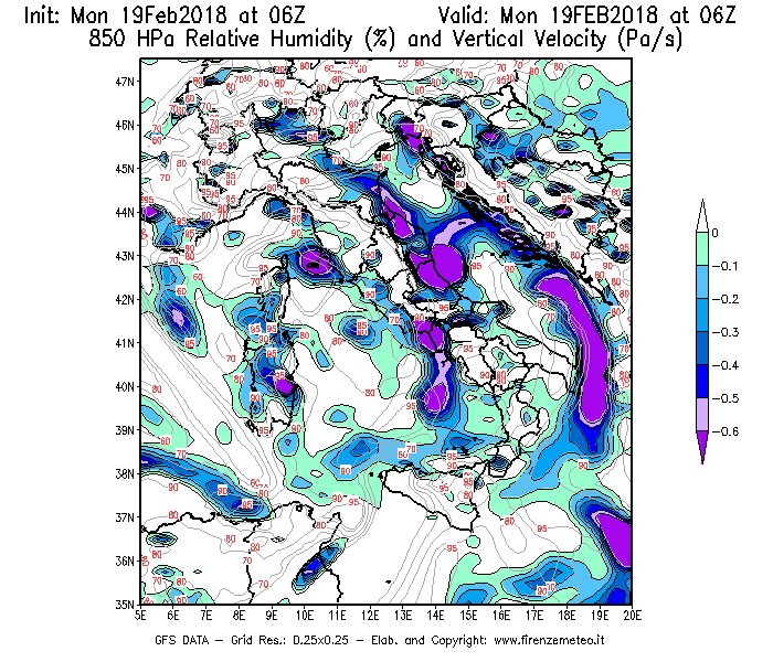 Mappa di analisi GFS - Umidità relativa [%] e Omega [Pa/s] a 850 hPa in Italia
							del 19/02/2018 06 <!--googleoff: index-->UTC<!--googleon: index-->