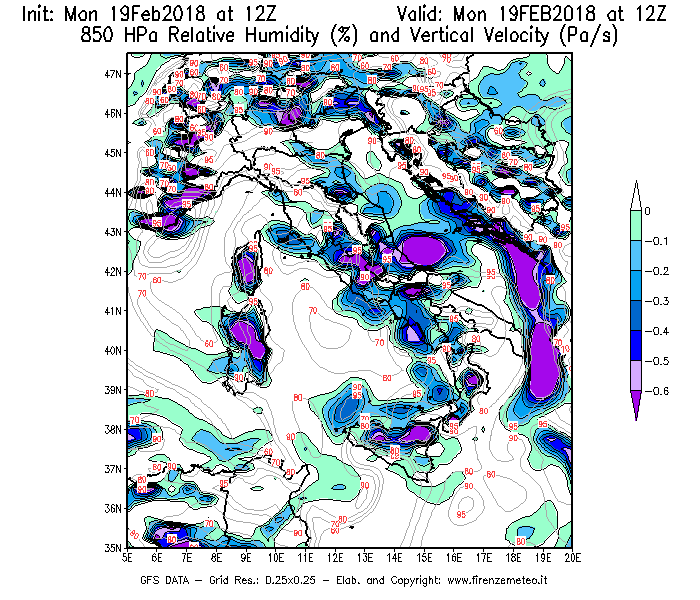 Mappa di analisi GFS - Umidità relativa [%] e Omega [Pa/s] a 850 hPa in Italia
							del 19/02/2018 12 <!--googleoff: index-->UTC<!--googleon: index-->