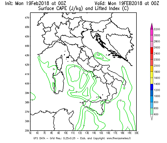 Mappa di analisi GFS - CAPE [J/kg] e Lifted Index [°C] in Italia
							del 19/02/2018 00 <!--googleoff: index-->UTC<!--googleon: index-->