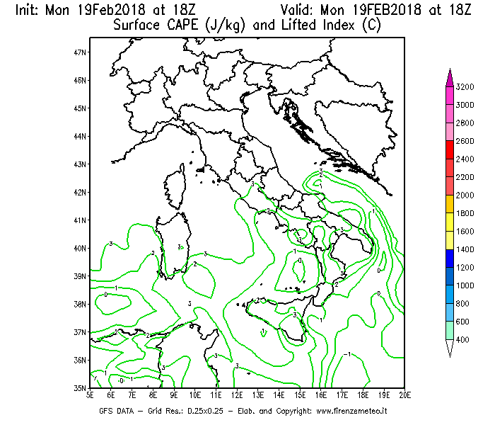 Mappa di analisi GFS - CAPE [J/kg] e Lifted Index [°C] in Italia
							del 19/02/2018 18 <!--googleoff: index-->UTC<!--googleon: index-->