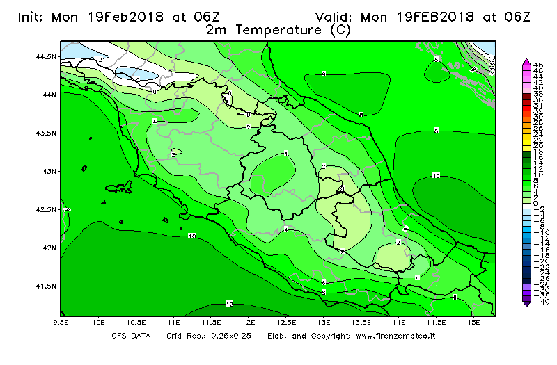 Mappa di analisi GFS - Temperatura a 2 metri dal suolo [°C] in Centro-Italia
							del 19/02/2018 06 <!--googleoff: index-->UTC<!--googleon: index-->