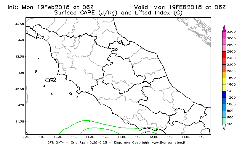 Mappa di analisi GFS - CAPE [J/kg] e Lifted Index [°C] in Centro-Italia
							del 19/02/2018 06 <!--googleoff: index-->UTC<!--googleon: index-->