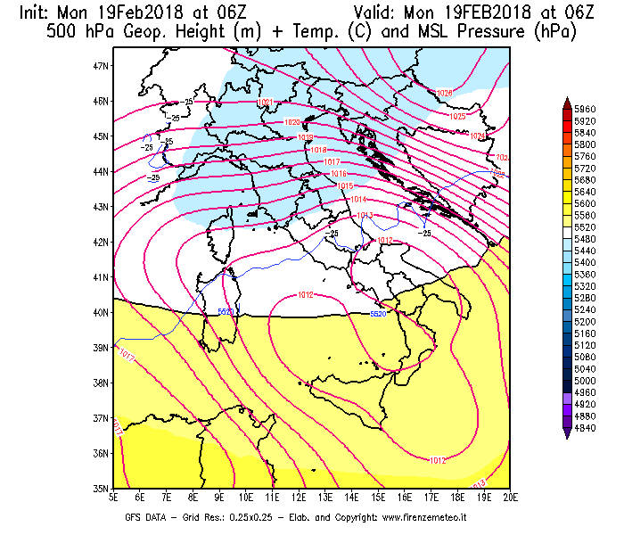 Mappa di analisi GFS - Geopotenziale [m] + Temp. [°C] a 500 hPa + Press. a livello del mare [hPa] in Italia
							del 19/02/2018 06 <!--googleoff: index-->UTC<!--googleon: index-->