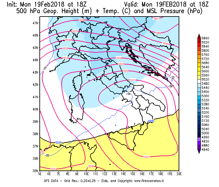 Mappa di analisi GFS - Geopotenziale [m] + Temp. [°C] a 500 hPa + Press. a livello del mare [hPa] in Italia
							del 19/02/2018 18 <!--googleoff: index-->UTC<!--googleon: index-->