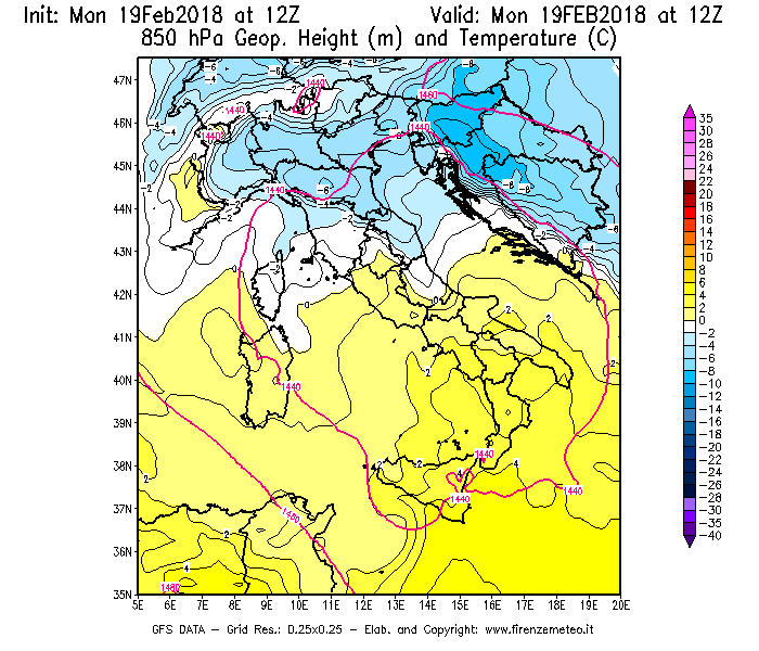 Mappa di analisi GFS - Geopotenziale [m] e Temperatura [°C] a 850 hPa in Italia
							del 19/02/2018 12 <!--googleoff: index-->UTC<!--googleon: index-->