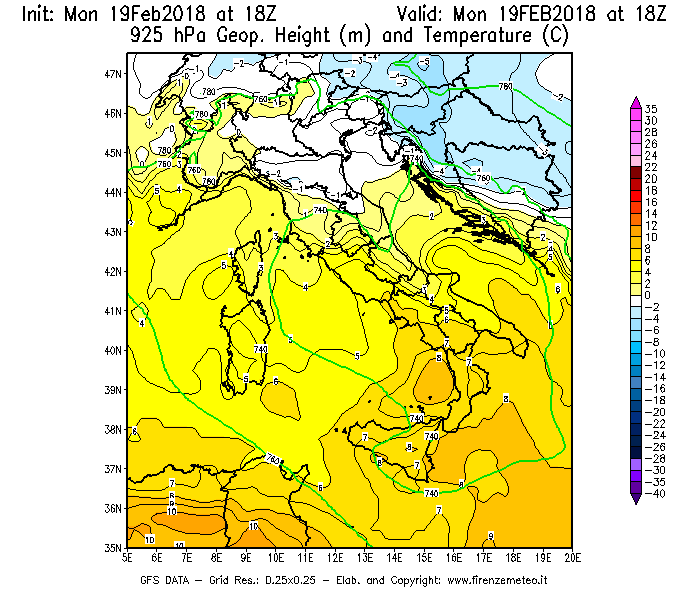 Mappa di analisi GFS - Geopotenziale [m] e Temperatura [°C] a 925 hPa in Italia
							del 19/02/2018 18 <!--googleoff: index-->UTC<!--googleon: index-->
