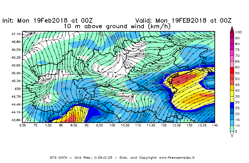 Mappa di analisi GFS - Velocità del vento a 10 metri dal suolo [km/h] in Nord-Italia
							del 19/02/2018 00 <!--googleoff: index-->UTC<!--googleon: index-->