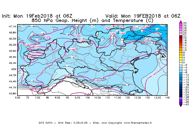 Mappa di analisi GFS - Geopotenziale [m] e Temperatura [°C] a 850 hPa in Nord-Italia
							del 19/02/2018 06 <!--googleoff: index-->UTC<!--googleon: index-->