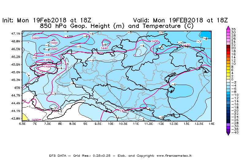 Mappa di analisi GFS - Geopotenziale [m] e Temperatura [°C] a 850 hPa in Nord-Italia
							del 19/02/2018 18 <!--googleoff: index-->UTC<!--googleon: index-->