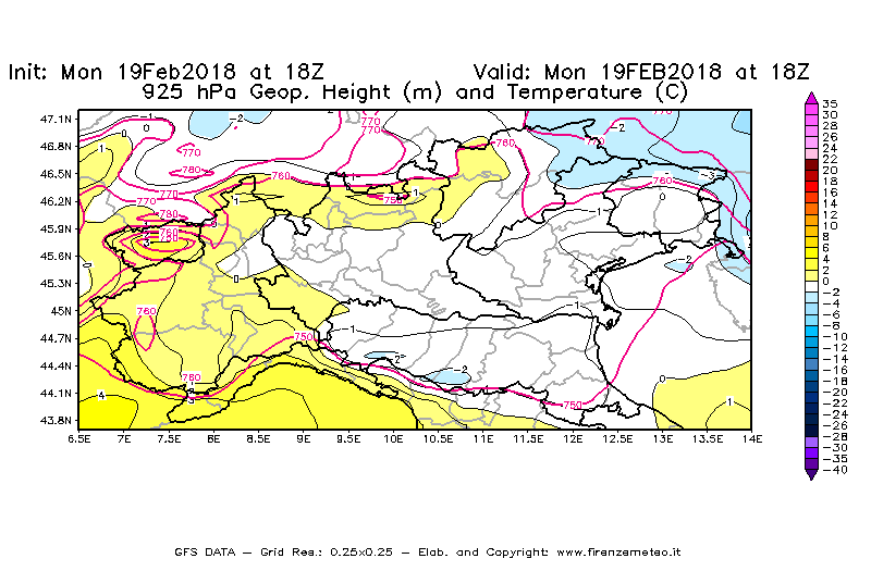 Mappa di analisi GFS - Geopotenziale [m] e Temperatura [°C] a 925 hPa in Nord-Italia
							del 19/02/2018 18 <!--googleoff: index-->UTC<!--googleon: index-->