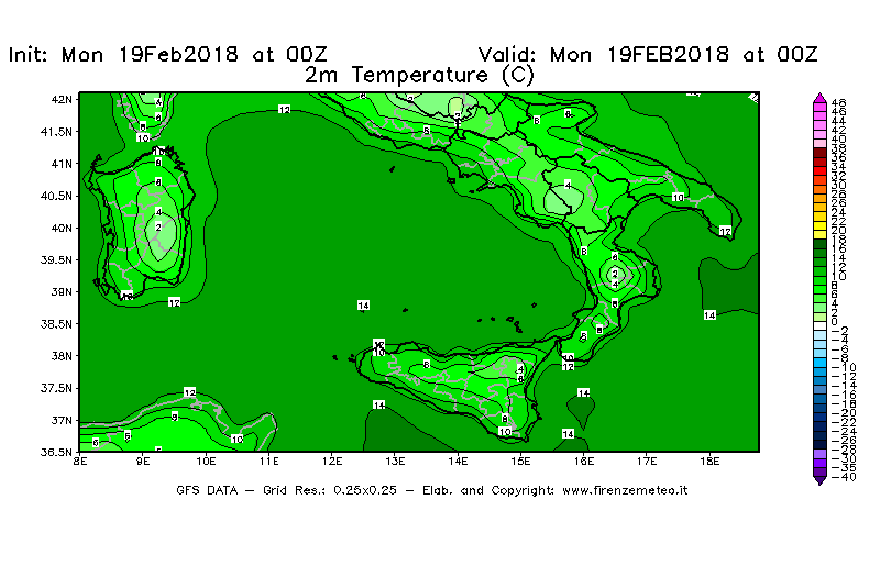 Mappa di analisi GFS - Temperatura a 2 metri dal suolo [°C] in Sud-Italia
							del 19/02/2018 00 <!--googleoff: index-->UTC<!--googleon: index-->