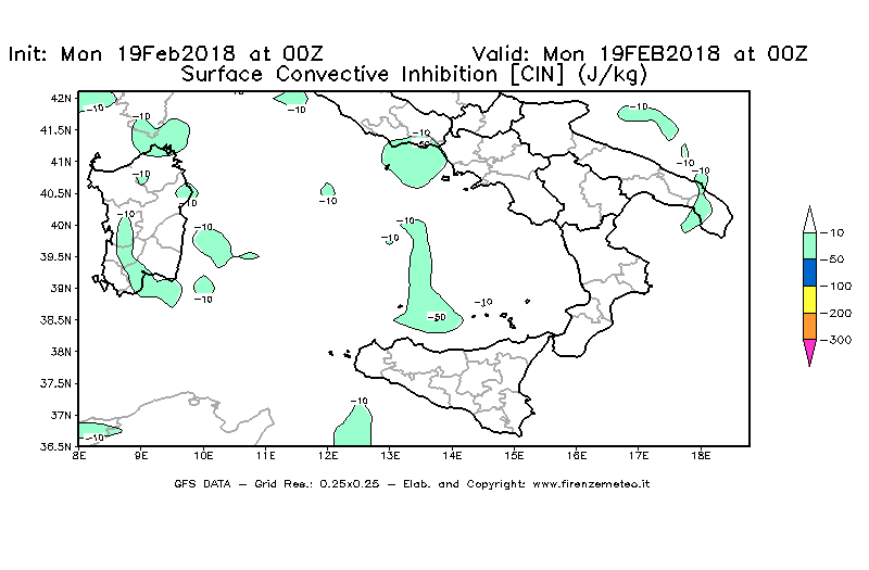 Mappa di analisi GFS - CIN [J/kg] in Sud-Italia
							del 19/02/2018 00 <!--googleoff: index-->UTC<!--googleon: index-->