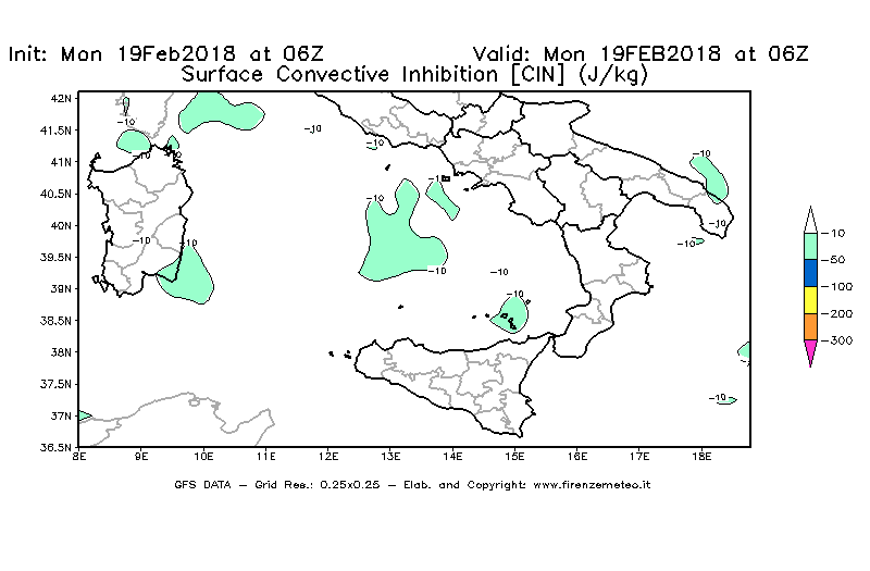 Mappa di analisi GFS - CIN [J/kg] in Sud-Italia
							del 19/02/2018 06 <!--googleoff: index-->UTC<!--googleon: index-->