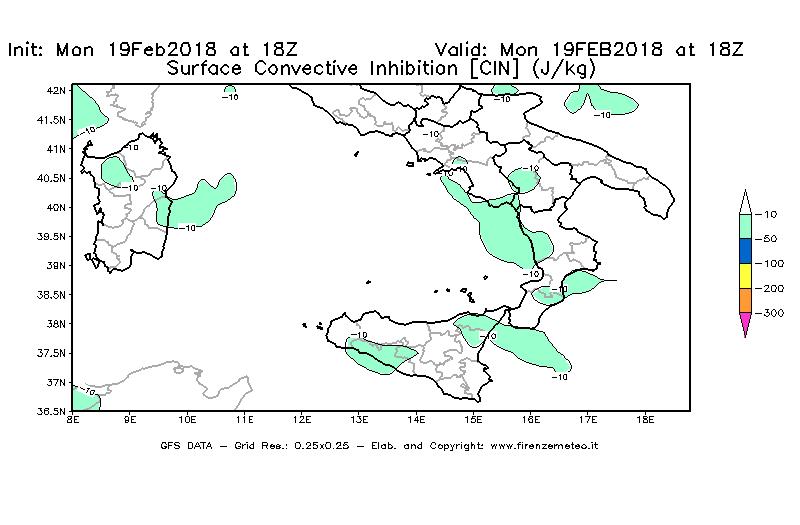 Mappa di analisi GFS - CIN [J/kg] in Sud-Italia
							del 19/02/2018 18 <!--googleoff: index-->UTC<!--googleon: index-->