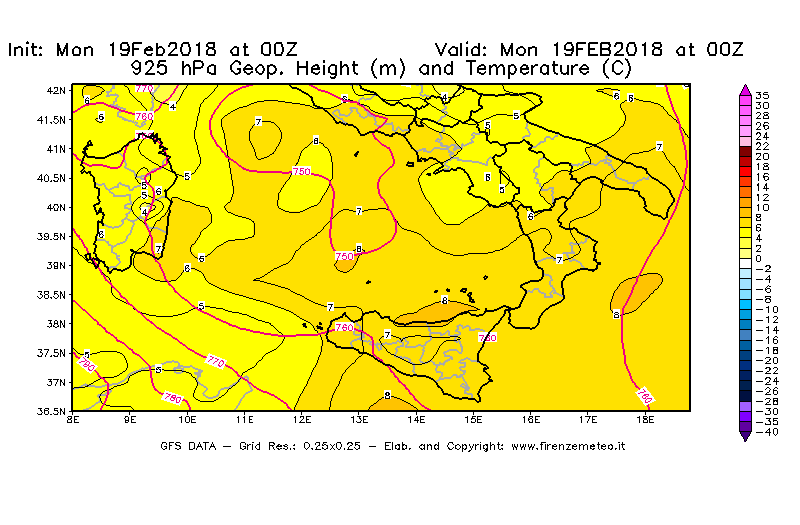 Mappa di analisi GFS - Geopotenziale [m] e Temperatura [°C] a 925 hPa in Sud-Italia
							del 19/02/2018 00 <!--googleoff: index-->UTC<!--googleon: index-->