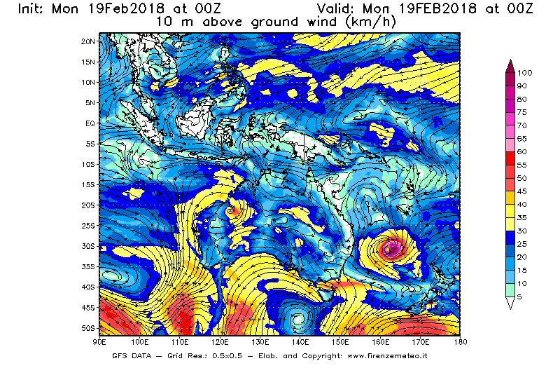 Mappa di analisi GFS - Velocità del vento a 10 metri dal suolo [km/h] in Oceania
							del 19/02/2018 00 <!--googleoff: index-->UTC<!--googleon: index-->