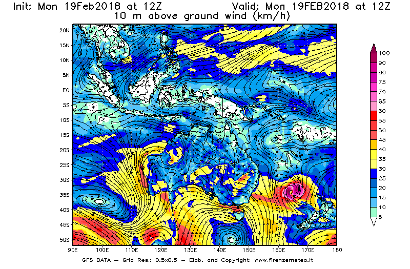Mappa di analisi GFS - Velocità del vento a 10 metri dal suolo [km/h] in Oceania
							del 19/02/2018 12 <!--googleoff: index-->UTC<!--googleon: index-->